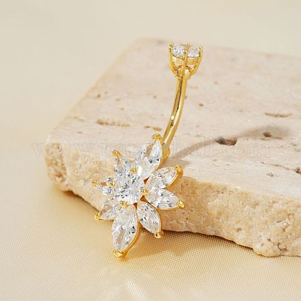 Кольца для пупка в форме изогнутой штанги из латуни с прозрачным кубическим цирконием и блестящим цветком для ежедневного ношения HB2528-3-1