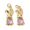 Rack Plating Brass Micro Pave Cubic Zirconia Jade Pendants, with Jump Ring, Long-Lasting Plated, Lead Free & Cadmium Free, Real 18K Gold Plated, Rabbit, Plum, 23x9x5mm, Hole: 3.5mm