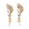 Feather Shape Brass Micro Pave Clear Cubic Zirconia Earring Findings, for Half Drilled Beads, Nickel Free, Real 18K Gold Plated, 21x6mm, Pin: 0.7mm, Pin: 0.7mm(for half drilled beads)