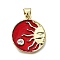 Brass Micro Pave Cubic Zirconia Celestial Pendants, with Enamel, Flat Round with Sun, Cadmium Free & Lead Free, Real 16K Gold Plated, Dark Red, 21x18x2.5mm, Hole: 4.5mm