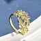 Brass Micro Pave Cubic Zirconia Cuff Rings for Women, Cadmium Free & Nickel Free & Lead Free, Leaf, Real 18K Gold Plated, 14mm, US Size 6 3/4(17.1mm)