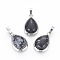 Natural Snowflake Obsidian Pendants, with Brass Findings, teardrop, Platinum, 26x16~17x8~10mm, Hole: 8x5mm