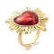 Heart Brass Enamel Open Cuff Ring for Women, Cadmium Free & Lead Free, Real 18K Gold Plated, Red, Adjustable