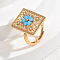 Brass Micro Pave Cubic Zirconia Adjustable Finger Rings for Women, Square with Flower, Golden, Blue