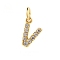 Brass Cubic Zirconia Pendants with Jump Rings, Real 18K Gold Plated, Letter V, 14.5x9x2.2mm, Hole: 2.8mm