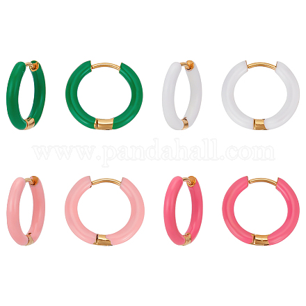 4 пара двухцветных серег-колец Huggie Hoop из нержавеющей стали 304 с покрытием из настоящего 4-каратного золота и эмалью EJEW-AN0004-69-1
