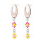 Oval with Flower Enamel Long Dangle Stud Earrings, Stainless Steel Color Plated 304 Stainless Steel Jewelry for Women, Deep Pink, 44x9.5mm, Pin: 0.8mm