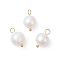 Natural Cultured Freshwater Pearl Round Charms, with Brass Loops, Creamy White, Golden, 14~14.5x8.5~9mm, Hole: 2.5mm