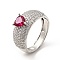 Cerise Cubic Zirconia Heart Adjustable Ring, Brass Jewelry for Women, Real Platinum Plated, US Size 6(16.5mm)