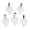 Natural Quartz Crystal Heart Pendants, Rock Crystal Love Heart Charms with 304 Stainless Steel Snap on Bails, Stainless Steel Color, 22.5x15.5x6mm, Hole: 6x3.5mm