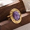 Oval Natural Amethyst Finger Rings, 304 Stainless Steel Cuff Rings for Women, Golden, oval: 22x17.5mm, Adjustable
