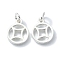 Brass Charms, Cadmium Free & Nickel Free & Lead Free, with Jump Ring, Coin Charm, 925 Sterling Silver Plated, 15x12x2mm, Hole: 4mm