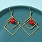 Electroplated Brass Imitation Pearl Dangle Earrings, Rhombus, Golden, 60x34mm