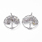 Natural Labradorite Pendants, with Brass Findings, Flat Round with Tree of Life, Platinum, 29x5~7mm, Hole: 4.5mm