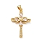 5Pcs Brass Micro Pave Clear Cubic Zirconia Pendants, Cross, Real 18K Gold Plated, 30x19x4mm, Hole: 4x3mm