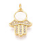 Brass Micro Pave Clear Cubic Zirconia Pendants, Cadmium Free & Lead Free, with Shell, Hamsa Hand, with Jump Ring, Real 18K Gold Plated, 20x14.5x3mm, Hole: 3mm