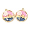 304 Stainless Steel Pendants, Flat Round with Flower Butterfly, with Enamel, Rhinestone and Resin, Real 18K Gold Plated, Marine Blue, 22x19x6mm, Hole: 1.8mm