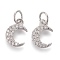 Brass Micro Pave Clear Cubic Zirconia Charms, Long-Lasting Plated, with Jump Rings, Moon, Platinum, 10x8x1.6mm, Hole: 3.6mm, jump ring: 5x0.6mm