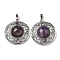 Natural Amethyst Pendants, Rack Plating Brass Hollow Flat Round Charms, Cadmium Free & Lead Free, Platinum, 36.5x33x9.5mm, Hole: 7.5x5mm