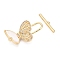 Brass Micro Pave Clear Cubic Zirconia Toggle Clasps, Cadmium Free & Nickel Free & Lead Free, with Shell, Butterfly, Real 18K Gold Plated, 28.5x18x3.5mm, Hole: 1.2mm, Bar: 3.5x20x2mm, Hole: 1mm