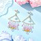 Triangle Glass Chandelier Earrings, with Cylinder Seed Beads & Stainless Steel Stud Earring Findings, Golden, Pink, 77.5x41mm