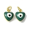 Brass Enamel Charms, with Jump Ring, Lead Free & Cadmium Free, Real 18K Gold Plated, Heart with Evil Eye Charm, Dark Green, 9x7x4.5mm, Hole: 2.2mm