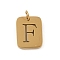 304 Stainless Steel Charms, with Jump Ring, Golden, Rectangle with Letter Charm, Letter F, 12.5x9.5x1.5mm, Hole: 3mm