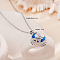 Brass Crystal Rhinestone & Resin Butterfly Moon Pendant Necklaces for Women, Platinum, Blue, 15.75 inch(40cm)