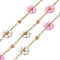 304 Stainless Steel Flower Link Chains, with Glass & ABS Plastic Pearl, Rack Plating, Long-Lasting Plated, Ion Plating(IP), Soldered, with Spool, Real 18K Gold Plated, Pearl Pink, 1.7x1.3x0.6mm