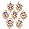 Transparent Glass Links Connectors, Nickel Free, with Golden Tone Brass Findings and Clear Rhinestone, Faceted, Flower, Violet, 16x11x5mm, Hole: 1.2mm