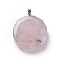 Resin Pendants, with Natural Rose Quartz Chips Inside, Long-Lasting Plated Brass Findings, Flat Round, Platinum, 39~40x34.5~35.5x10~12mm, Hole: 7~8x4.5~5mm