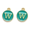 Golden Plated Alloy Enamel Charms, Enamelled Sequins, Flat Round with Alphabet, Letter.W, Green, 14x12x2mm, Hole: 1.5mm