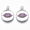 Brass Micro Pave Cubic Zirconia Pendants, Flat Round with Lip, Nickel Free, Camellia, Real Platinum Plated, 20x17x3.5mm, Jump Ring: 5x0.8mm, Inner Diameter: 3mm