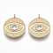 Brass Micro Pave Cubic Zirconia Pendants, Textured Flat Round with Eye, Nickel Free, Clear, Real 18K Gold Plated, 18x16x2.5mm, Hole: 1.4mm