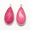 Natural White Jade Pendants, with Golden Tone Brass Findings, Faceted, teardrop, Dyed, Camellia, 32.5~33x16x6mm, Hole: 2.5mm