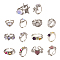 7Pcs 7 Style Rhinestone Heart & Star & Half Round Open Cuff Rings Set with Cat Eye Beaded, Silver Brass Jewelry for Women, Mixed Color, Inner Diameter: 15.1~17.9mm, 1Pc/style