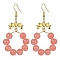 Imitation Jade Glass Beaded Ring Dangle Earrings, Golden Alloy Bowknot Long Drop Earrings, Light Coral, 63x32mm