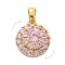 Brass Micro Pave Cubic Zirconia Pendants, Rotatable, Flat Round, Golden, Pearl Pink, 14.5x13x7mm, Hole: 4x3mm