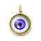 Real 18K Gold Plated Brass Pendants, with Acrylic and Jump Ring, Flat Round with Evil Eye Charms, Mauve, 16x14x5.5mm, Hole: 3.4mm