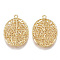 Brass Filigree Pendants, Oval, Real 18K Gold Plated, 24.5x18x2mm, Hole: 1.5mm