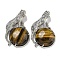 Natural Tiger Eye Half Round Pendants, Rack Plating Brass Leopard Charms, Platinum, Cadmium Free & Lead Free, 42x27x7.5mm, Hole: 3x5mm