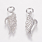 Brass Micro Pave Cubic Zirconia Pendants, Wing, Platinum, 20x7.5x1mm, Hole: 3mm