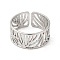 304 Stainless Steel Open Cuff Rings, Hollow Leaf, Thailand Sterling Silver Plated, Inner Diameter: 18mm