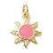 Rack Plating Brass Enamel Charms, with Jump Ring, Long-Lasting Plated, Lead Free & Cadmium Free, Sun Charms, Real 18K Gold Plated, Pink, 14.5x12x2mm, Hole: 3mm