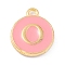 Golden Plated Alloy Enamel Charms, Enamelled Sequins, Flat Round with Alphabet, Letter.O, Pink, 14x12x2mm, Hole: 1.5mm