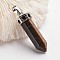 Bullet Brass Gemstone Pointed Pendants, Platinum, Tiger Eye, 44mm, Hole: 5x8mm