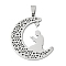Non-Tarnish 201 Stainless Steel Pendants, Hollow, Moon with Human Charm, Stainless Steel Color, 40.5x37x1.5mm, Hole: 8x4mm