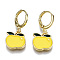 Brass Enamel Huggie Hoop Earrings, Nickel Free, Real 16K Gold Plated, Apple, Yellow, 27x12.5mm, Pin: 1mm