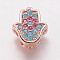 Brass Cubic Zirconia Beads, Hamsa Hand/Hand of Fatima/Hand of Miriam, Colorful, Rose Gold, 9.5x8.5x4mm, Hole: 2mm