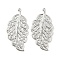 Brass Pendants, Leaf Charms, Real Platinum Plated, 33.5x17x0.5mm, Hole: 1mm